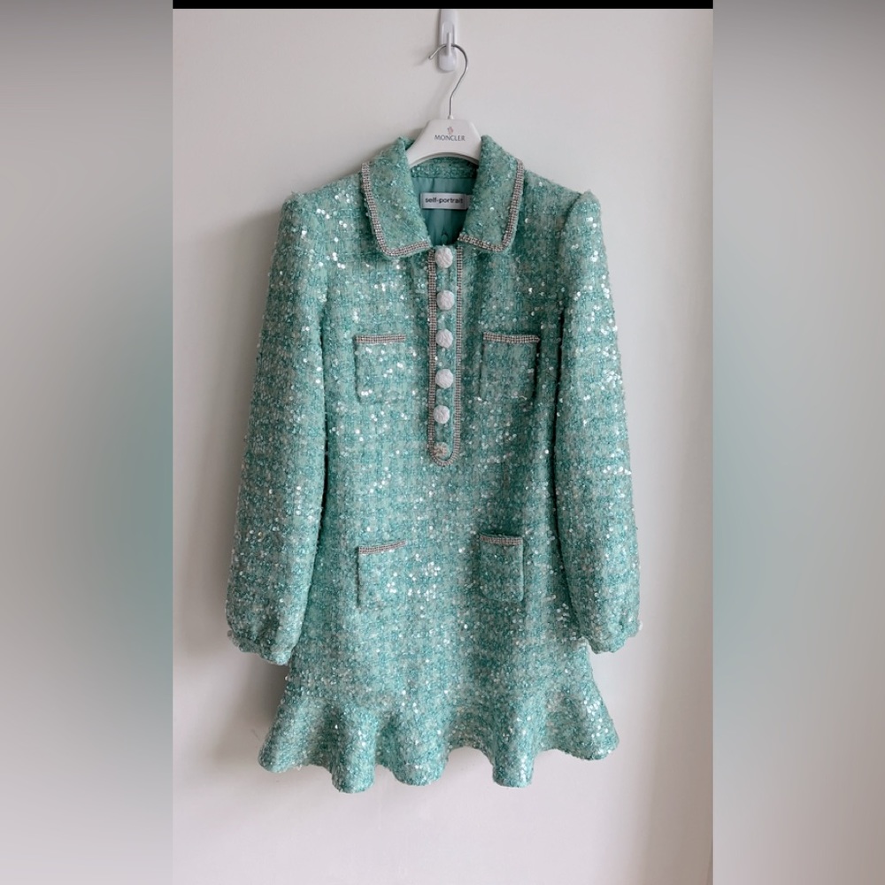 Self Portrait BLUE BOUCLE COLLARED MINI DRESS - Picture 2 of 3